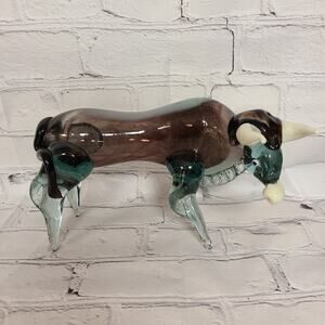 Murano Mouth Blown Glass Bull Cobalt Blue White Swirl Horned Figurine Large
